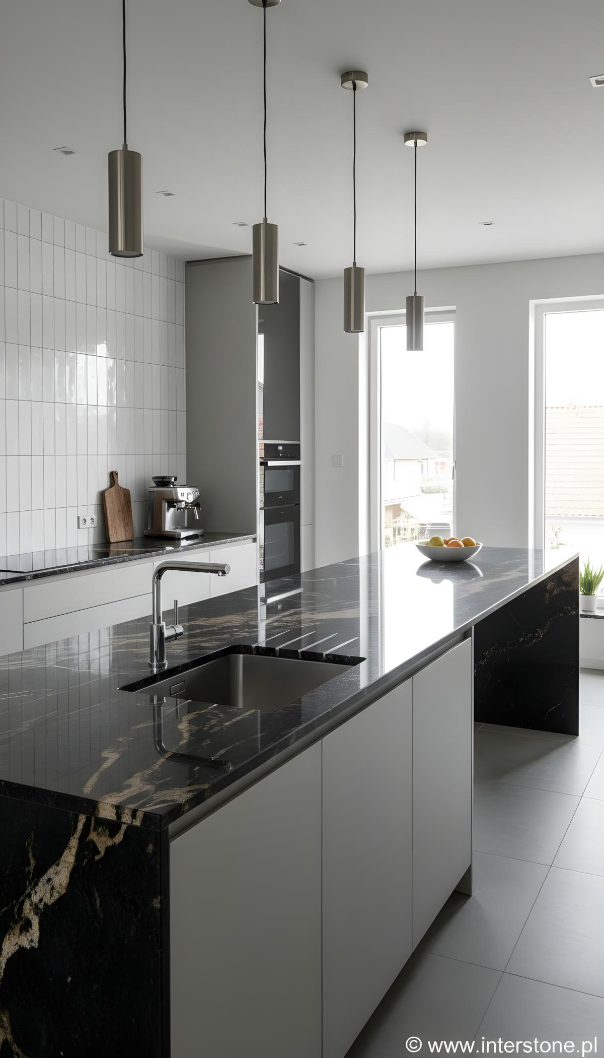 Brazylijski granit o czarnej bazie z połyskującymi żyłami. Belatrix to twardy, prestiżowy materiał, który gwarantuje wytrzymałość i estetykę nawet w wymagających warunkach.