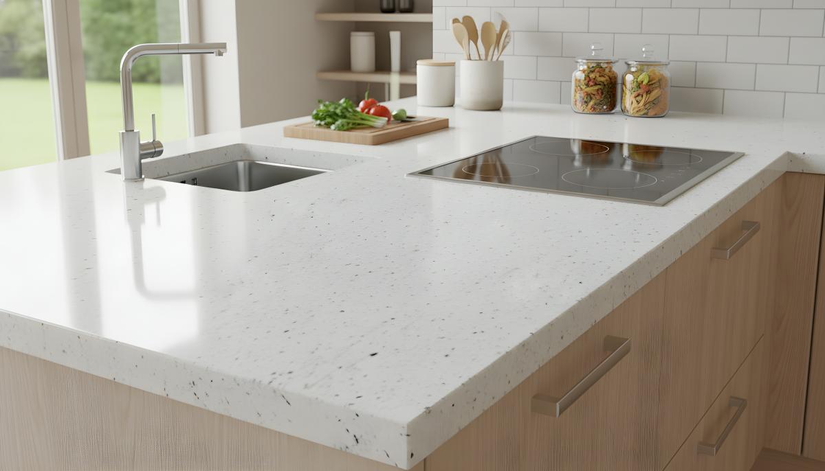 Super White to elegancki dolomit o chłodnej palecie bieli i szarości, z wyrazistym mineralnym użyleniem i szczotkowanym wykończeniem. Idealny do blatów kuchennych.